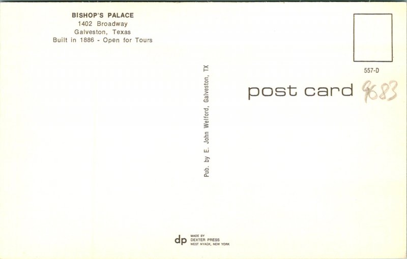 Galveston TX Bishop's Palace Postcard unused 1950s (9683)