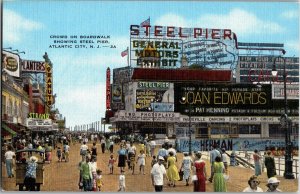 Crowd on Boardwalk Showing Steel Pier, Atlantic City NJ Vtg Linen Postcard F31