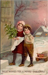 Christmas Children with Tree Drum Wagon Night Scene Cottage Postcard Z1