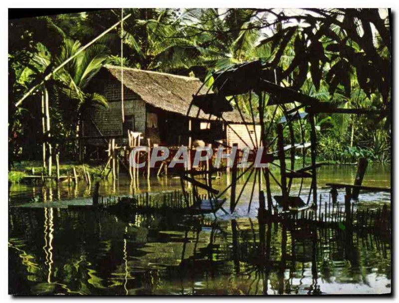 Postcard Modern World Angkor Cambodian House on stilts with its paddle wheel ...