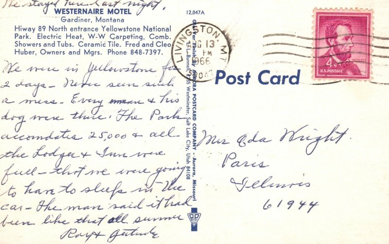 Vintage Postcard 1966 Westernaire Motel Yellowstone National Park Gardiner MT
