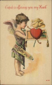 Valentine - c Cupid Yellow Rose & Heart 1910 Postcard 6700