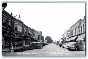 Earlville Illinois Postcard RPPC Photo Railroad Avenue Cars Kaiser's Coca Cola