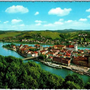 c1960s Passau, Germany Danube River Inn Confluence Aerial View Chrome 4x6 PC M21