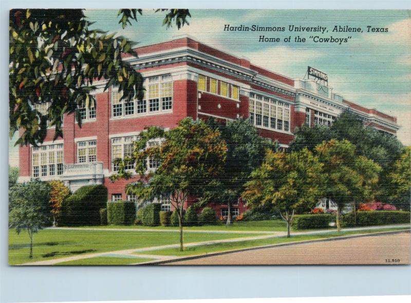 Postcard TX Abilene Hardin Simmons University Home of the Cowboys Linen O07