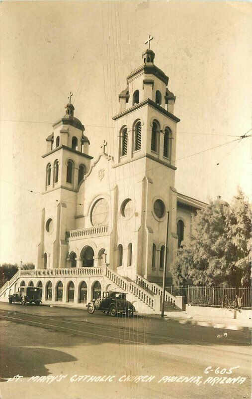 Autos St Mary's Catholic Church Phoenix Arizona 1940s RPPC Postcard 20-4190