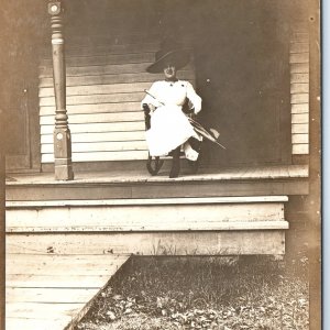 c1910s Lovely Woman Hat Umbrella RPPC Fancy House Carpentry Porch Woodwork A174