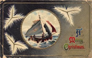 Merry Christmas c1910 Postcard Sailboat on Rough Waters