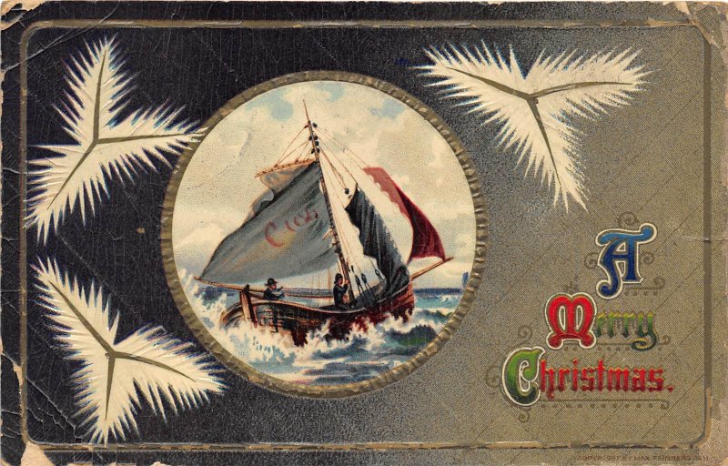 Merry Christmas c1910 Postcard Sailboat on Rough Waters