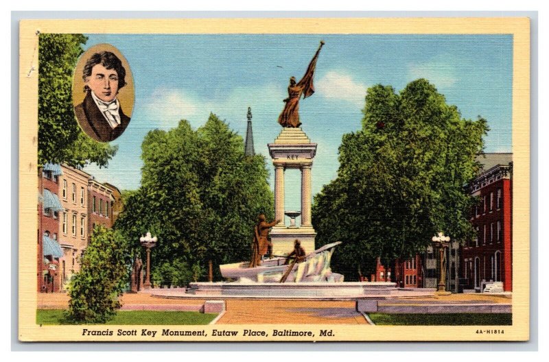 Francis Scott Key Monument w Inset  Baltimore Maryland MD UNP Linen Postcard Y3