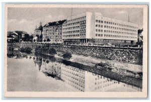 c1930's Buildings River View in Pilsen Poland Vintage Unposted Postcard