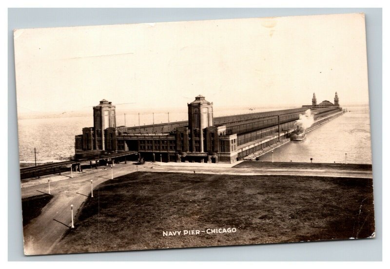 Vintage 1947 Photo Postcard Navy Pier Chicago Illinois Ferry Docked