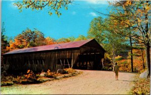 Fall Scene Old Wooden Covered Bridge Lady Chrome Postcard WOB Note 13c Stamp PM