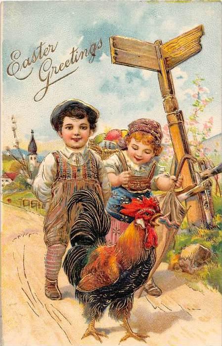 9391 Easter Gold trim Victorian  Girl and boy  walking a Rooster