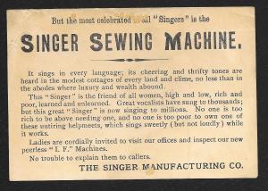 VICTORIAN TRADE CARD Singer Sewing Co 'Celebrated Singers Kellogg' Woman