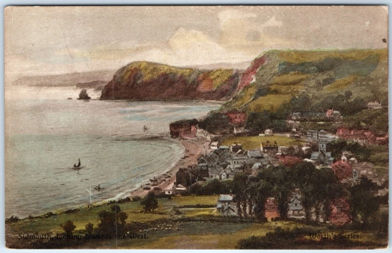 c1910s Sidmouth, England Looking West Red Sandstone Cliffs Beach Town Boats A353