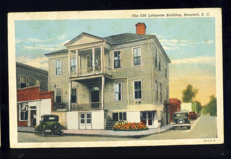 Beaufort, South Carolina/SC Postcard, Old Lafayette Building, Old Cars