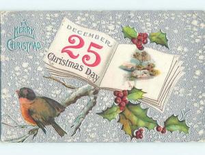 Pre-Linen christmas CUTE BIRD ON BRANCH & DECEMBER 25TH CALENDAR DATE HL0374