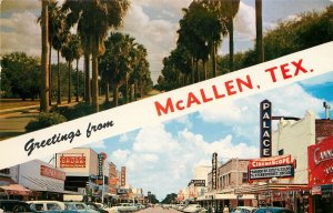 Postcard Greetings McAllen TX Palace & Queen Theaters, Split View, Posted 1959