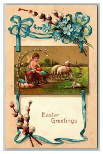Vintage 1908 Fantasy Easter Postcard Faerie Colored Eggs Cart Cute Lambs Flowers