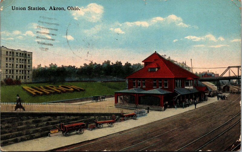 Postcard OH Akron Union Station - Trains, Railroad, Train Tracks 1916 A11