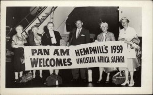 Pan Am Airplane Welcomes Hemphill 1959 Africa Safari Tourists RPPC Postcard