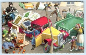 DRESSED CATS ~ FRUIT TRUCK ACCIDENT Anthropomorphic #2262 Belgium Postcard