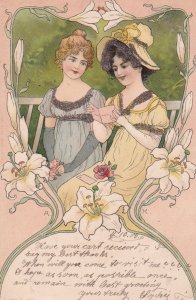 B451 Novelty Glitter 1900 Art Nouveau Iris Flowers Friends Ladies Read postcard