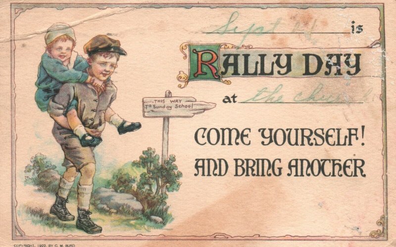 Vintage Postcard 1924 Boy Carrying Young Child Rally Day Yourself & Another