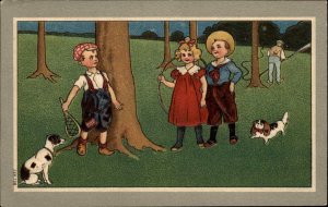Children with Hula Hoop Boy with Tennis Racket c1910 Vintage Postcard