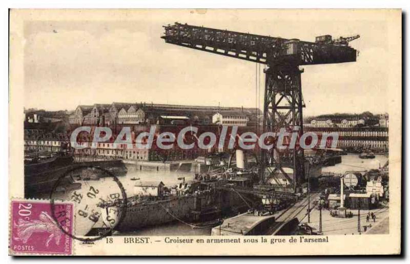 Postcard Old Brest Cruiser In Arm Under The Crane From I'Arsenal