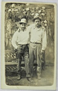 Two Middle Aged Men in Work Clothes Get Picture Together- Vintage Postcard