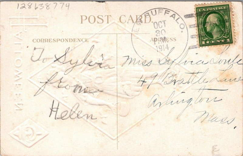 Vintage Nash Little Witch, White Bats, JOL, Cauldron Antique Halloween Postcard