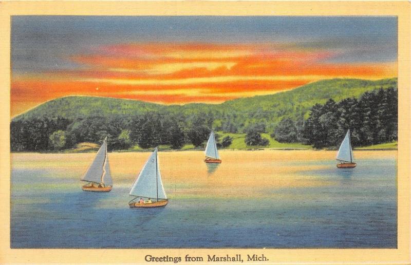 Marshall Michigan~Idyllic Lake Scene~Sailboats on Water @ Sunset~1940s Linen Pc