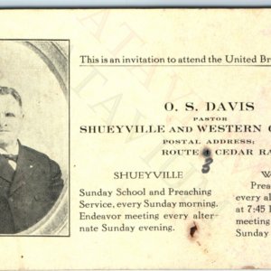 c1900s Shueyville & Western, Iowa United Brethren Church Invite Card Pastor C45