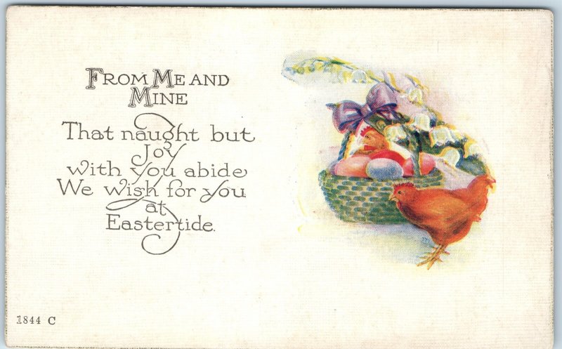 c1930s Easter Chicken Egg Linen PC Poem Naught Joy Eastertide Basket Flower A280