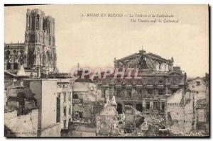 Old Postcard The Theater and the cathedral Reims Army