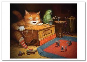 RED CAT plays Hurdy-Gurdy for dancing MOUSE Mice Parrot Fantasy New Postcard