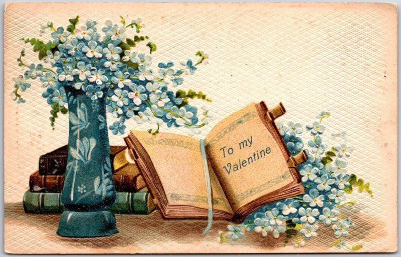 1909 To My Valentine Forget-Me-Nots Flower Vase Books Posted Postcard 