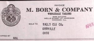 1938 M. BORN & COMPANY WHOLESALE TAILORS CHICAGO ORRVILLE BILLHEAD INVOICE Z278