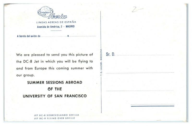 Iberia DC-8 Summer Sessions Abroad, University of San Francisco, CA Postcard