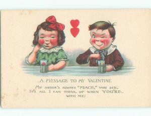 Unused Pre-Linen valentine CUTE GIRL HAS DRINK WITH BOY k9247