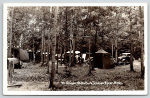 Indian River Michigan~State Park Tent Camping~Drinking Fountain~1930s Cars~RPPC 