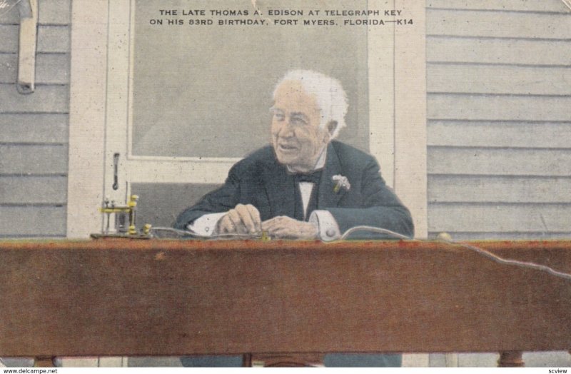 FORT MYERS, Florida, 1930; Thomas Edison at Telegraph Key on his 83rd Birthday