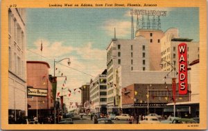 Linen Postcard Looking West on Adams, From First Street in Phoenix, Arizona