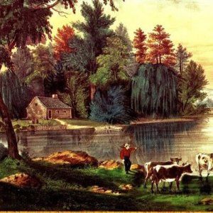 Currier & Ives Cows On The Shore Of A Lake Calendar Print 9 1/2 X 7 Size