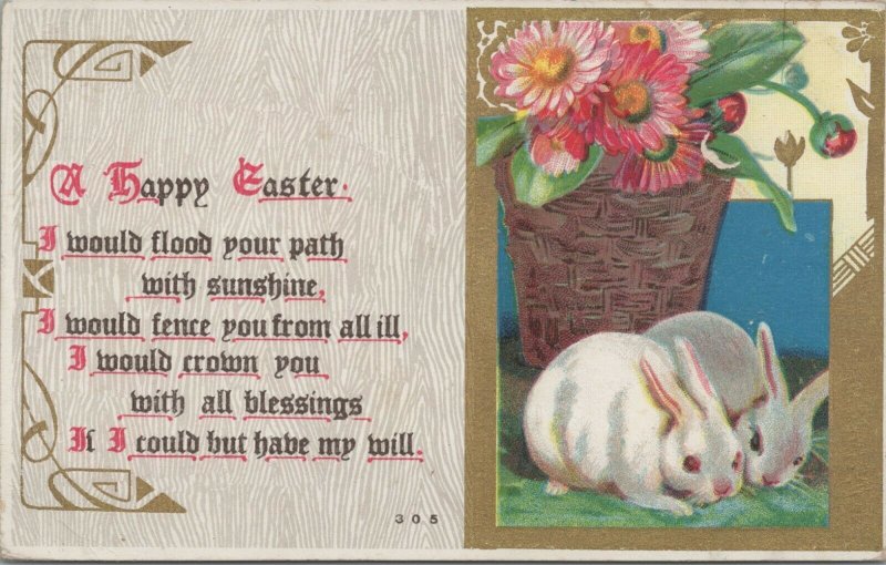 c1910 Easter rabbits red eyes basket of flowers gilt embossed postcard C22 