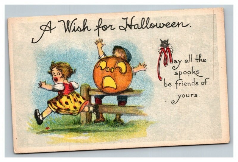Vintage 1910's Halloween Postcard Children Run Scared from Jack O Lantern Funny