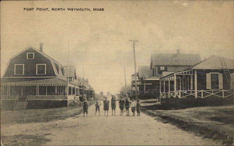 North Weymouth MA Fort Point Kids in Road Homes c1915 Postcard