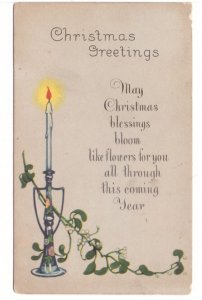 Christmas Greetings, Candle And Mistletoe, Vintage Postcard